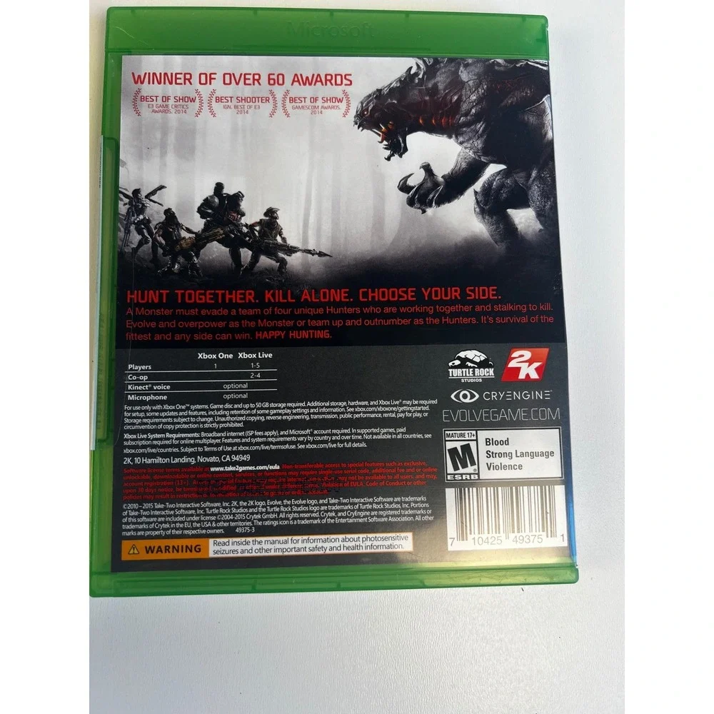 Evolve Xbox One Game Turtle‎ Rock Studios 2K Action Shooter Rated M